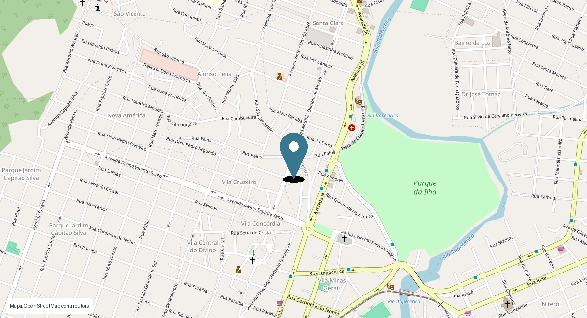 Mapa da região da Avenida Antônio Olímpio de Morais, no Centro de Divinópolis